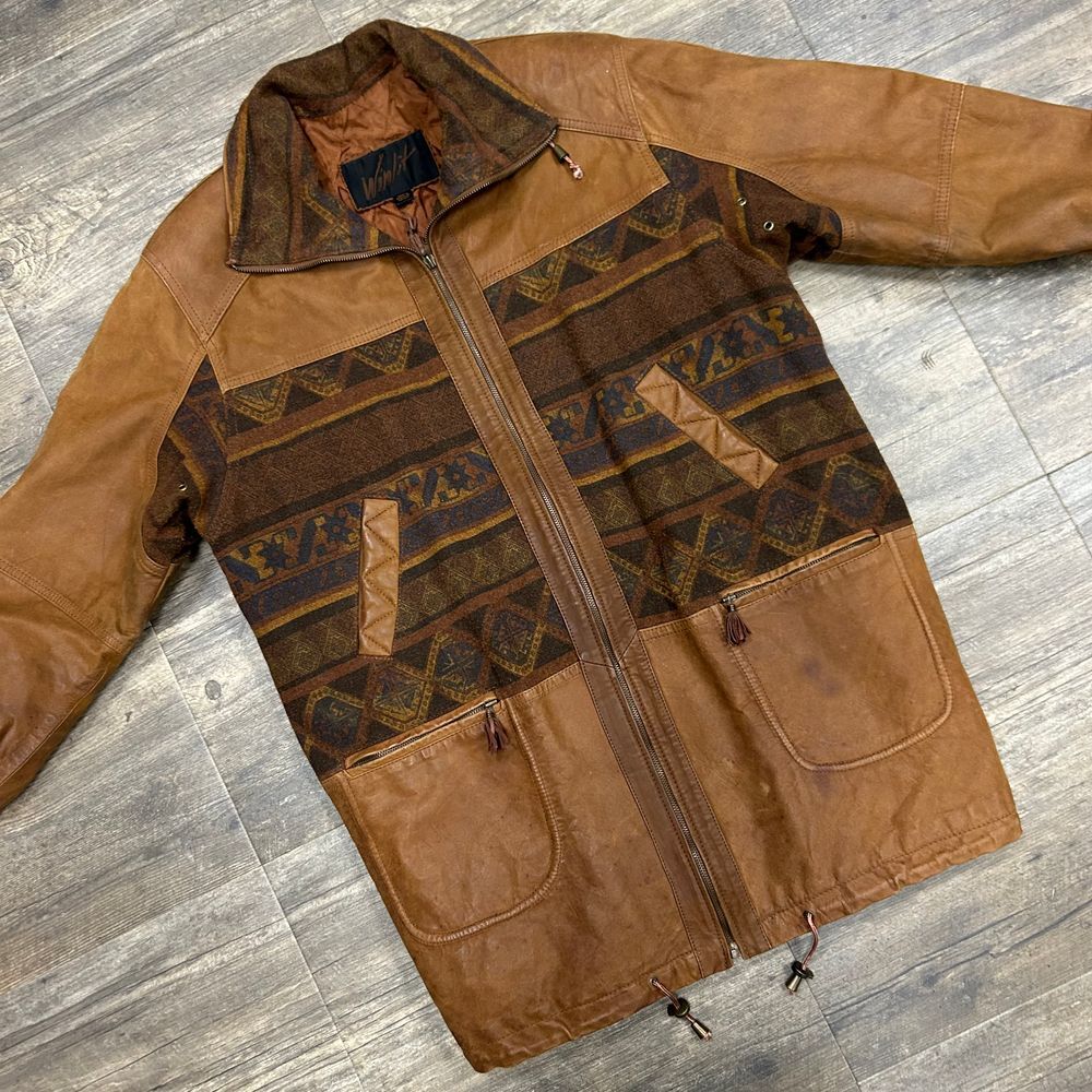 Vintage Winlit Leather Coat Wool Blend Aztec Southwest Women Size‎ Large Brown